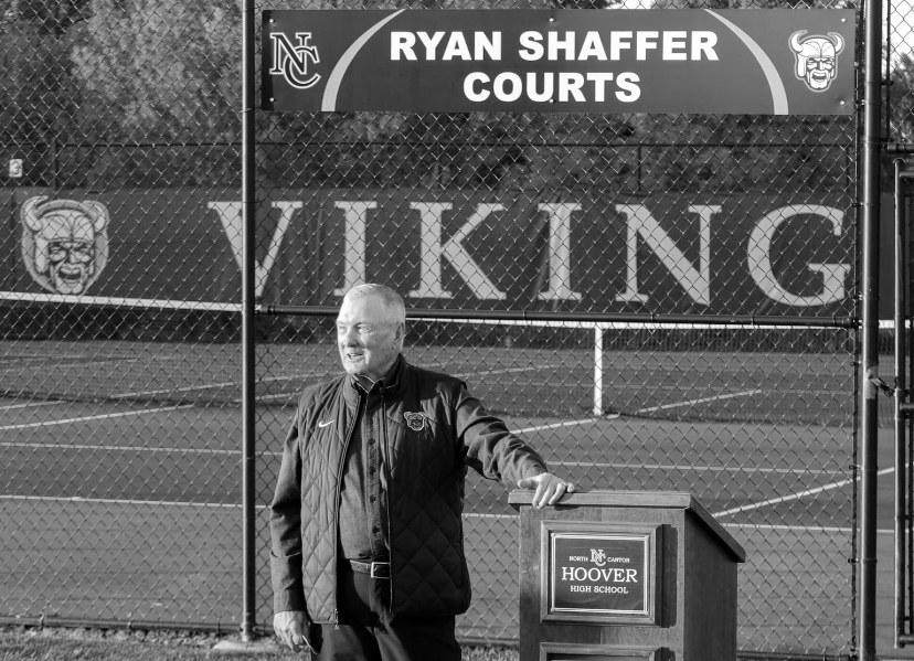 Retired Hoover head tennis coach Ryan Shaffer gives a speech at the tennis court dedication ceremony on Oct. 18. He is the winningest coach in Ohio high school tennis history and the tennis courts are renamed in his honor.